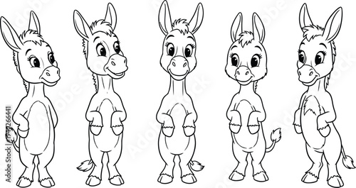 Four cartoon donkeys in various poses and expressions