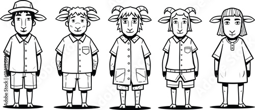 Five cartoon children standing in a row with unique outfits and accessories