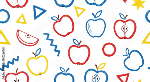 colorful hand-drawn apples and geometric shapes seamless pattern for childrens education healthy eating or playful design.