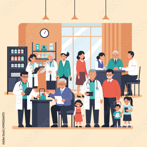 Doctors and patients in a clinic consultation room with medical staff