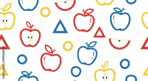 colorful primary colored apples and geometric shapes form a playful seamless pattern ideal for childrens educational materials or healthy eating campaigns.