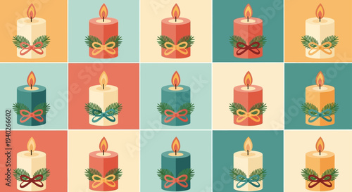 festive flat design christmas candles in a grid adorned with bows and pine ideal for holiday greetings and winter designs.