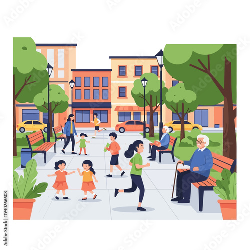 People of different ages enjoying time in a public park community scene