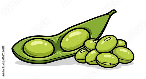 fresh green edamame soybeans with an open pod and loose beans illustrating healthy plant-based protein and vegan food.