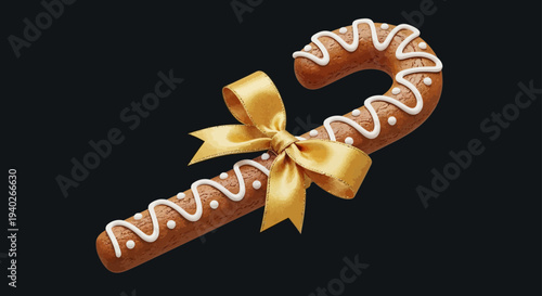 gingerbread candy cane cookie decorated with white icing and a golden bow perfect for christmas and holiday season designs