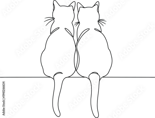 Two cats sitting back to back in a cute illustration