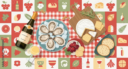 gourmet flat lay fresh oysters champagne cheese and wine on a red checkered tablecloth ideal for a celebratory feast.