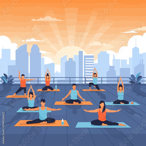 Group of people doing yoga on rooftop with city