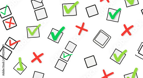 green checkmarks red x marks and empty checkboxes scattered on white symbolizing choices decisions and evaluations.