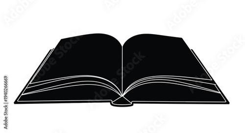 An open book with detailed pages presented in stark silhouette