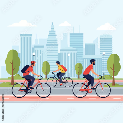 Three men riding bicycles in a city road with modern buildings