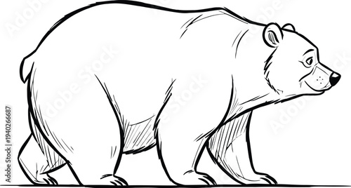 A black and white illustration of a walking polar bear