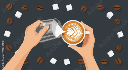 making latte art skilled barista hands pour frothed milk into a coffee cup surrounded by coffee beans and sugar cubes on a dark background showcasing coffee craft.