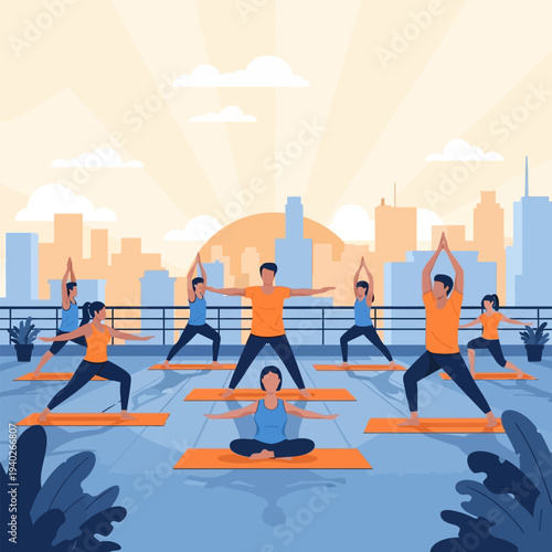 Instructor Leads a Yoga Class with Diverse People Practicing Poses