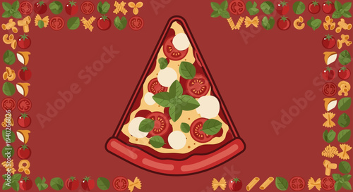 margherita pizza slice with fresh basil mozzarella and tomatoes framed by italian pasta and ingredients on a rustic background.