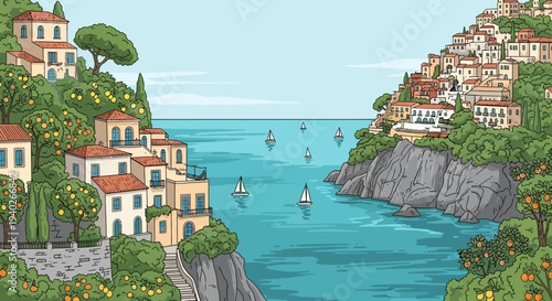 mediterranean coastal town illustration with houses vibrant orange trees and sailboats sailing in a serene bay.