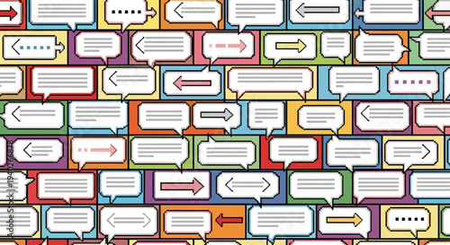 pixelated speech bubbles forming a colorful background illustrating digital communication online messaging and social media discussions.