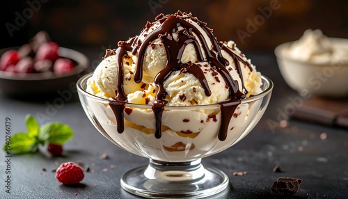 Delicious ice cream sundae with chocolate sauce and raspberries.