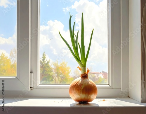 Sprouted onion bulb on a windowsill against a bright sky.