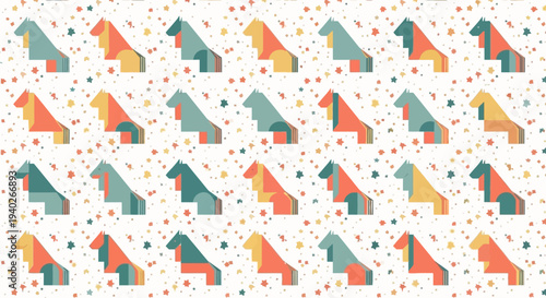 playful geometric horse seamless pattern with colorful abstract horses and scattered stars on a light background ideal for textiles.
