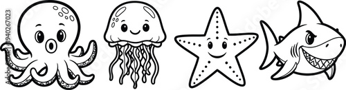 Smiling sea creatures cartoon illustration