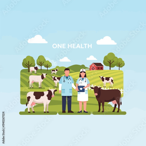Two doctors in a field with cows promoting the one health approach