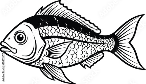 A black and white illustration of a fish with detailed scales and fins
