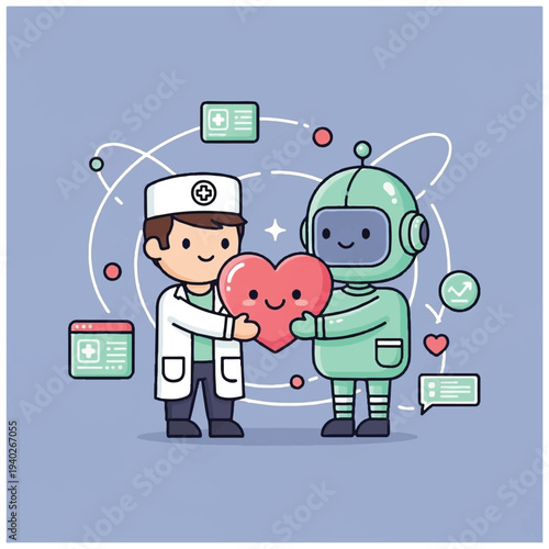 A cartoon nurse and robot holding a smiling heart surrounded by medical icons on a light blue background. Perfect for healthcare, medical presentations, and educational materials.