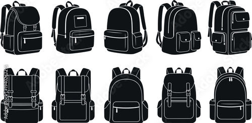 backpack, school, bag, backpack set, school bag, travel backpack, rucksack, black silhouette, vector, collection, student bag, luggage, education, accessory, icon, outline, pack, camping, hiking, gear