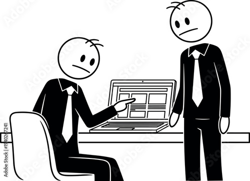 business problem discussion, office conflict, workplace disagreement, coworkers arguing, laptop meeting issue, corporate communication problem, teamwork conflict, vector illustration