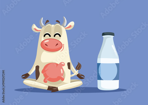Happy Vector Cow in Yoga Pose Next to Milk Bottle 
Cheerful farm animal finding inner peace through meditation next to diary product
