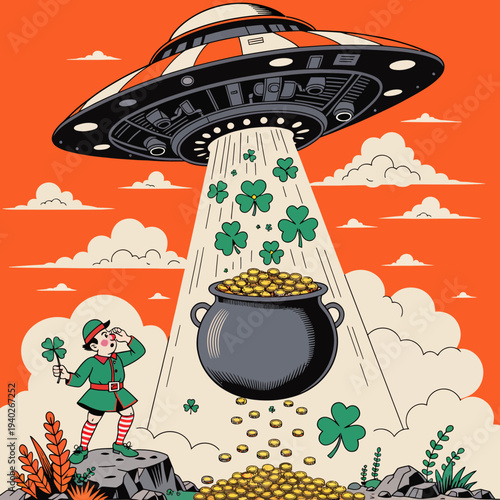 Alien abduction of a leprechaun's pot of gold with shamrocks during a cloudy day