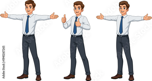 Cartoon businessman character illustration, professional office worker poses, presenting gestures, thumbs up approval, corporate design, marketing, advertising, training material
