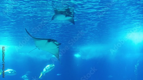 Manta Rays and Fish Swimming Beneath Sunlit Surface in Deep Blue Ocean Aquarium