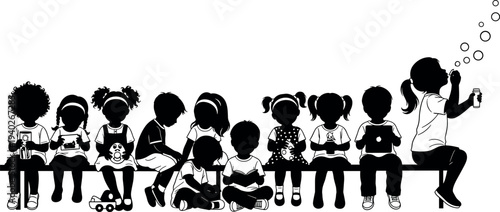 Children sitting together silhouette illustration, diverse kids group on bench playing, reading and blowing bubbles, childhood friendship concept