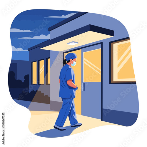 A medical worker in scrubs and mask leaving the hospital at night