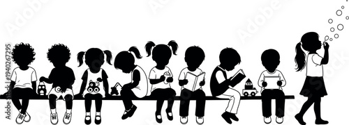 Children sitting on bench silhouette illustration, diverse kids reading, playing and blowing bubbles, childhood friendship and education concept