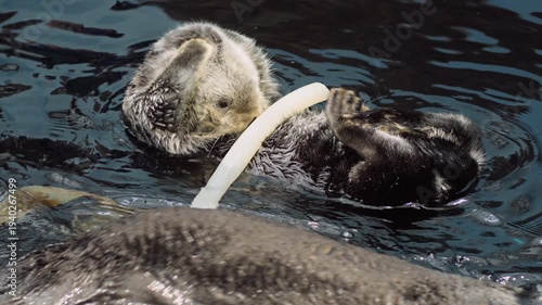 Sea Otter Floating On Its Back Holding A Pale Tube Toy In Calm Dark Water
