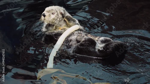 Sea Otter Floating on Its Back in Water With Kelp Ribbon Playful Marine Wildlife