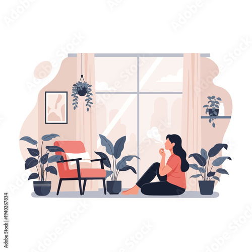 Woman sitting by a window, enjoying a moment of self care