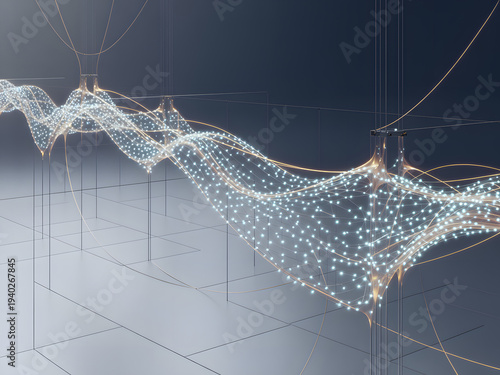 Abstract Digital Waveform: A digital waveform undulates, its glowing nodes interconnected by fine lines against a sleek, modern background.