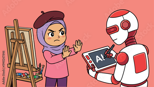 Muslim Woman Artist Protesting Against AI Generated Art Vector Illustration, Hijab Girl Painter Rejecting Robot with Digital Tablet, Human Creativity vs Artificial Intelligence Concept