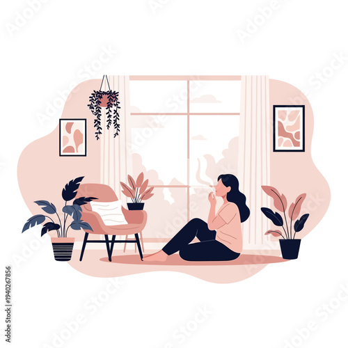 Woman relaxing at home with plants by a window