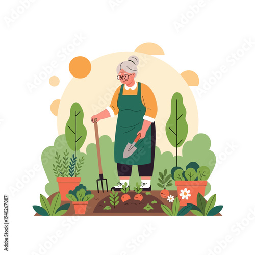 Gardening senior woman in the garden planting vegetables