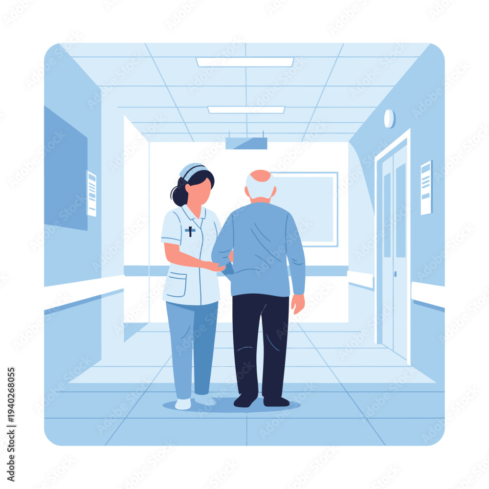 Fototapeta premium Woman Helping Man Walk Down Hospital Corridor