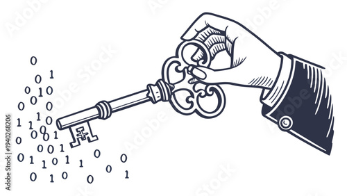 Hand holding key unlocking digital data concept vector illustration