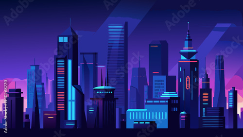 Futuristic neon city skyline at night in cyberpunk style vector illustration