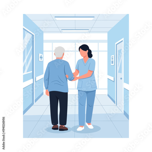 Nurse Supporting Elderly Person in Hospital Hallway