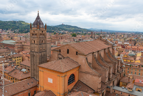 Bologna view from the top of Torre Prendiparte o Coronata ((Prendiparte or Coronata Tower) with Metropolitan Cathedral of Saint Peter in the background