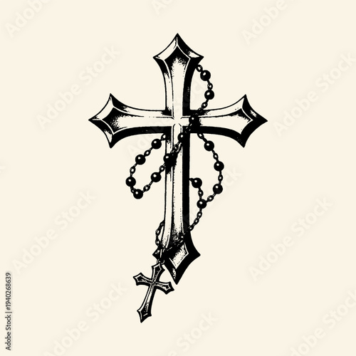 Gothic Ornate Cross with Rosary Beads Tattoo Illustration